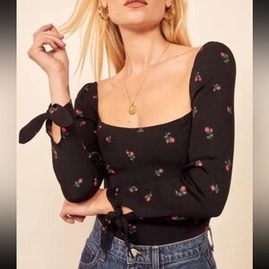 Reformation Black Rose Red Floral The Kemmy Long Sleeve Top Size 6